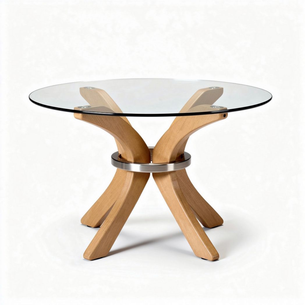 Table ronde en verre 80 x 80 x 75cm avec pieds en bois et support en métal