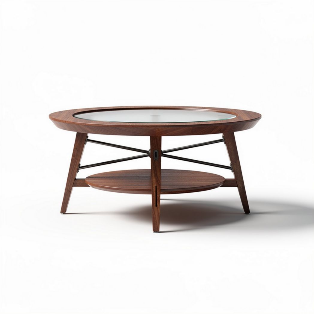Table basse ronde en bois avec plateau en verre 80 x 80 x 40cm