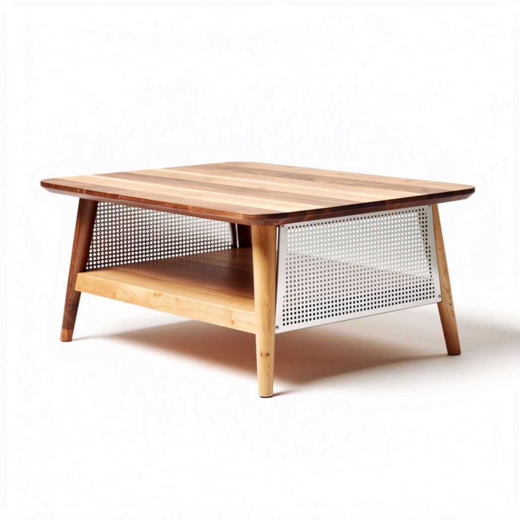 Table basse en bois avec étagère en métal perforé 90 x 90 x 45cm
