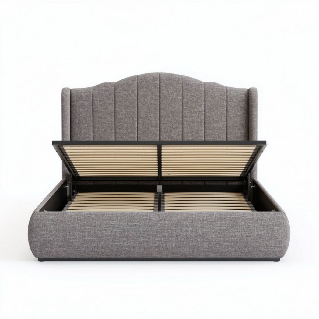 Lit avec tête de lit rembourrée en tissu gris et rangement sous le matelas 200 x 160 x 100cm